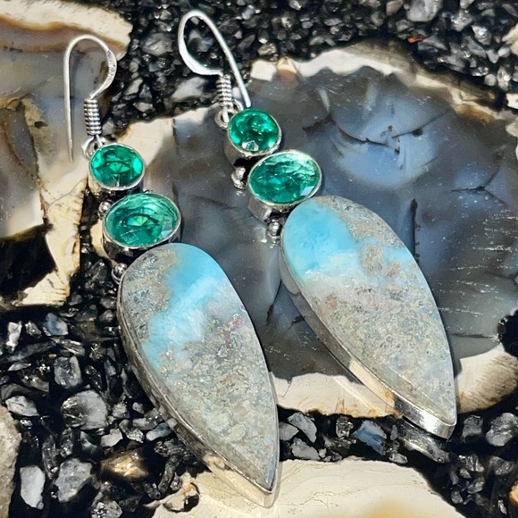 Beautiful Large Caribbean Larimar Earrings 2 7/8” - Picture 9 of 14